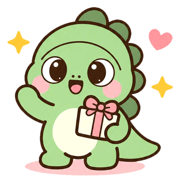 Mimo the green baby dino waving with a gift